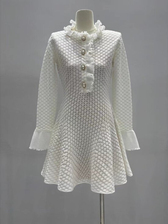 Self-Portrait Dresses & Skirts - Self-Portrait White Textured Knit Ruffle Collar Mini Dress